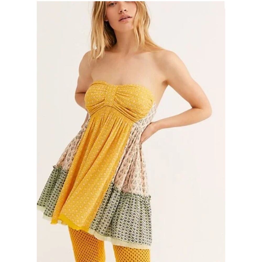 Free People Yellow and Green Strapless Mini Dress